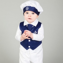 Baby Boys Navy & White Anchor 5 Piece Satin Christening Suit